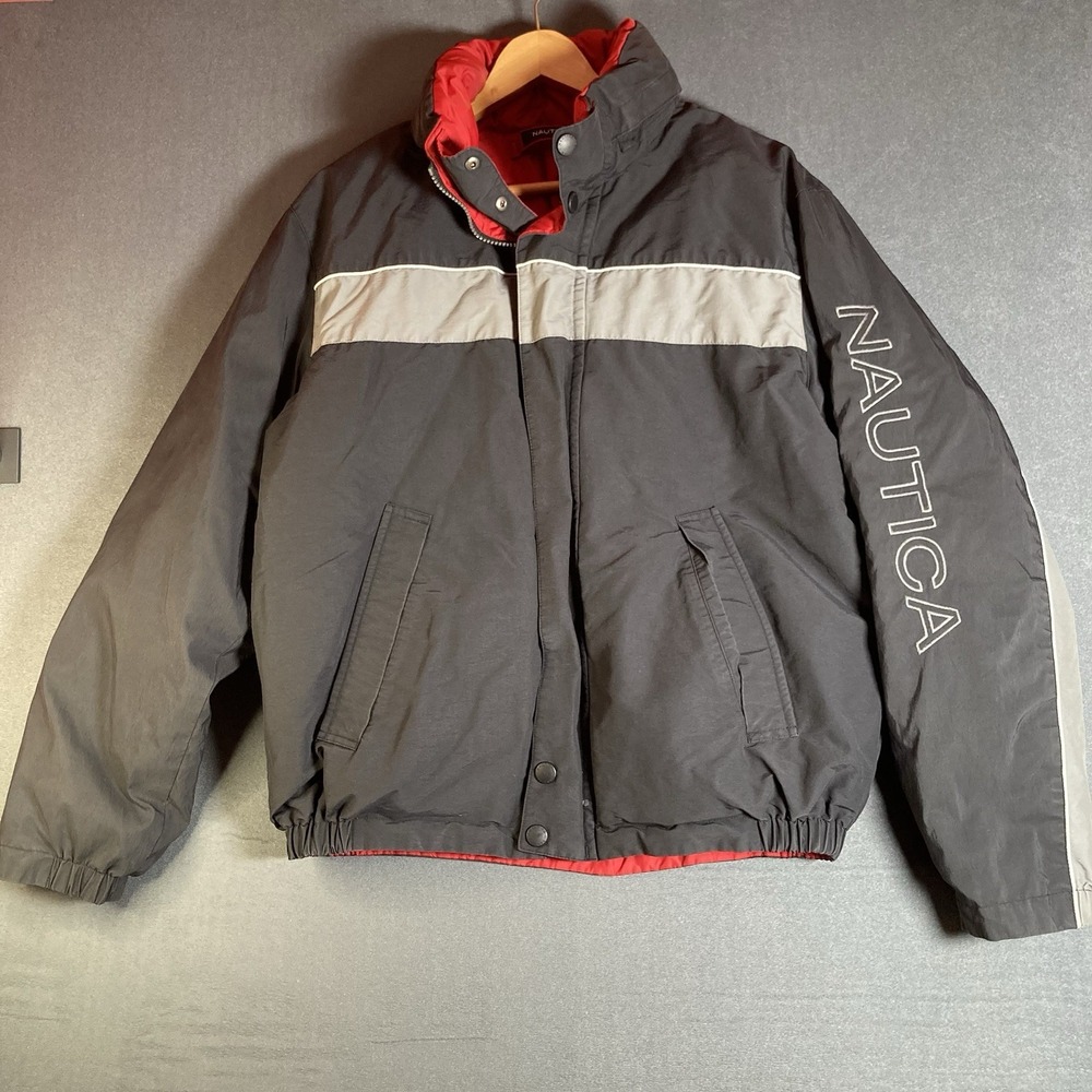 Vintage Nautica Mens Gray Red Nylon Long Sleeve Reversible Down Jacket Size S